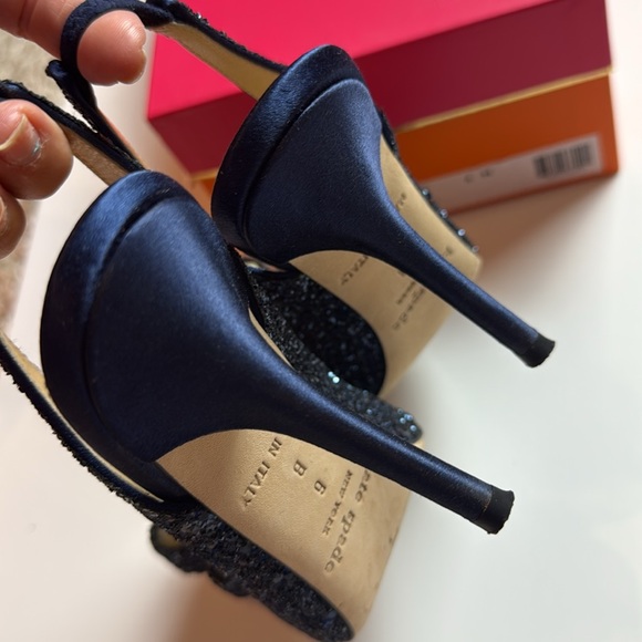Kate Spade Charm Navy Blue Satin Glitter Bow Peep Toe Slingback Pumps Heel - Picture 4 of 8